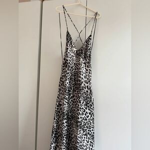 Leopard Print Satin Slip Dress with Cross-Back Straps